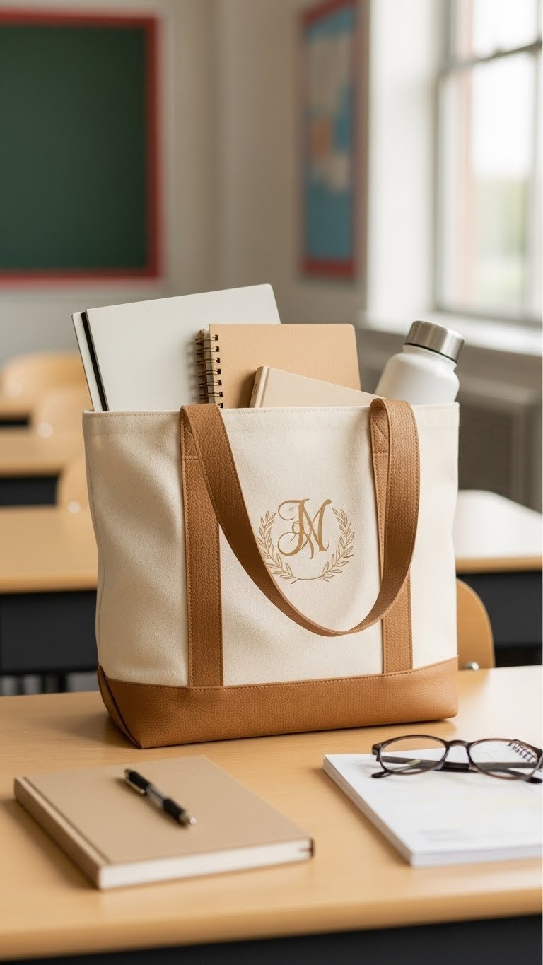 Personalized canvas teacher tote bag with planner and water bottle arranged on wooden desk in classroom setting