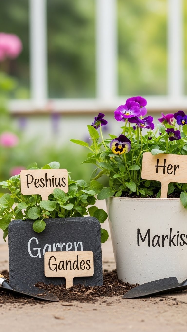 Personalized ceramic garden markers identifying herbs in vibrant garden bed with lush green foliage background