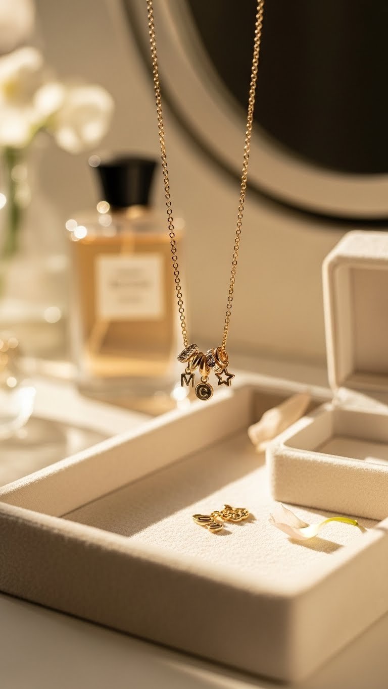 Personalized charm necklace with initials and birthstone charms displayed on velvet jewelry tray with soft lighting