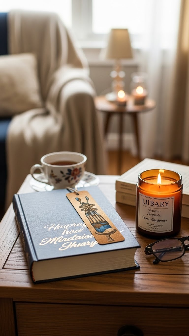 Personalized classic novel with custom bookmark and reading glasses on rustic bedside table with teacup