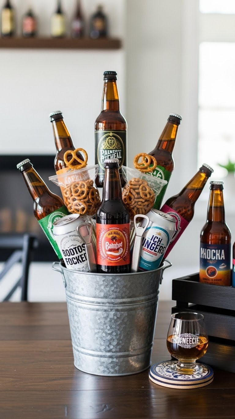Personalized craft beer bouquet featuring vibrant assortment of unique bottles and cans in galvanized metal bucket