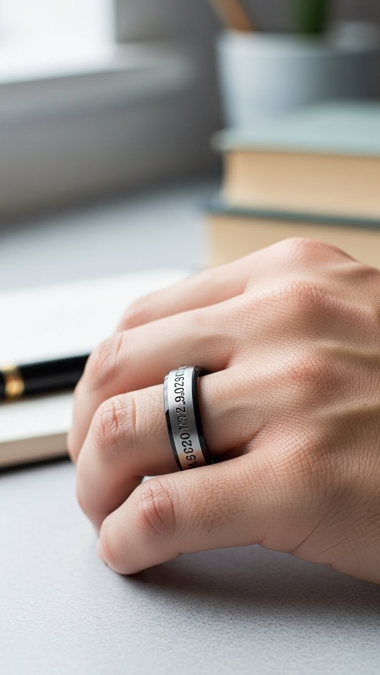 Personalized engraved stainless steel men's ring on hand with detailed engraving visible in bright daylight setting