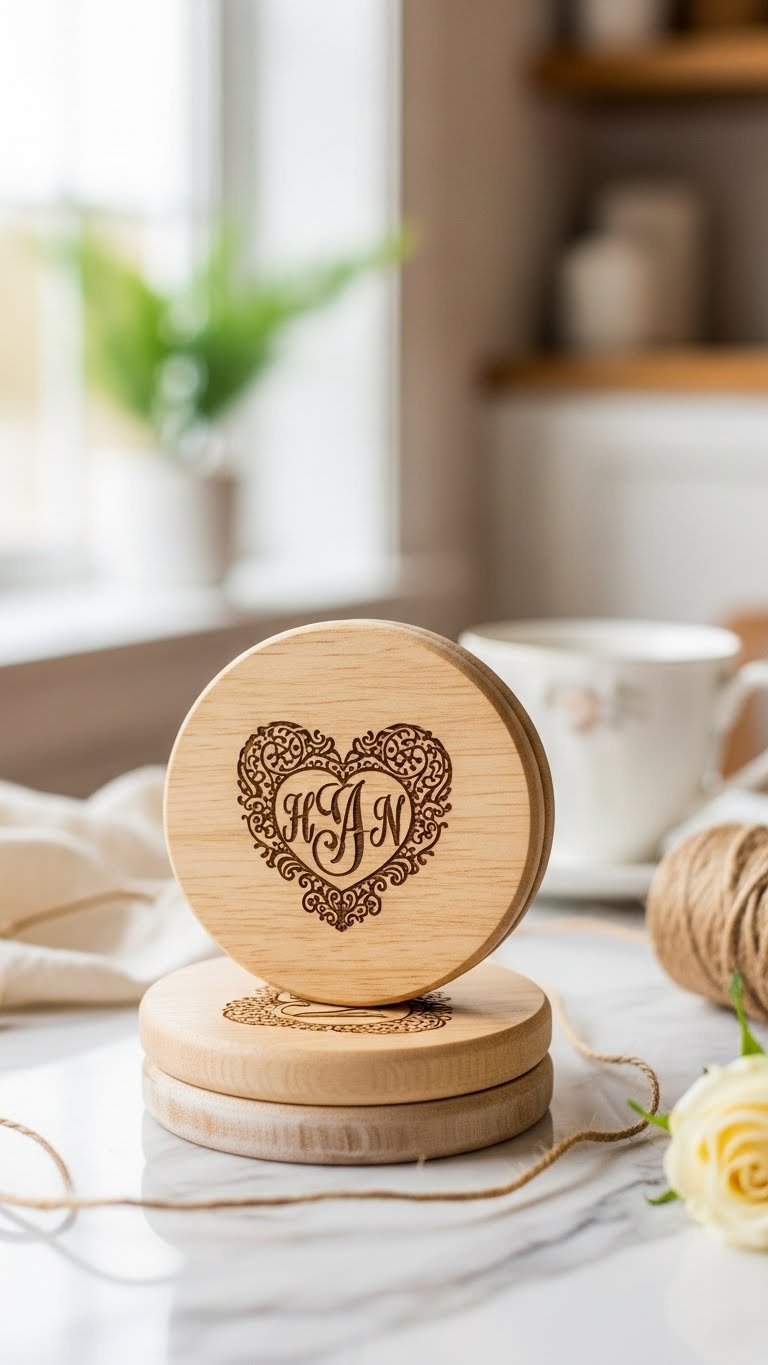 Personalized engraved wood coasters stacked on marble countertop with heart monogram and delicate teacup in soft natural light.