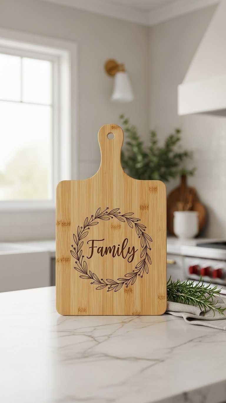 Personalized engraved wooden cutting board with family name displayed on marble kitchen counter with rosemary sprig and linen towel