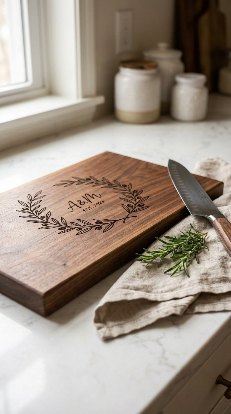 Personalized engraved wooden cutting board with fine grain details on marble countertop surrounded by fresh herbs and chef's knife.