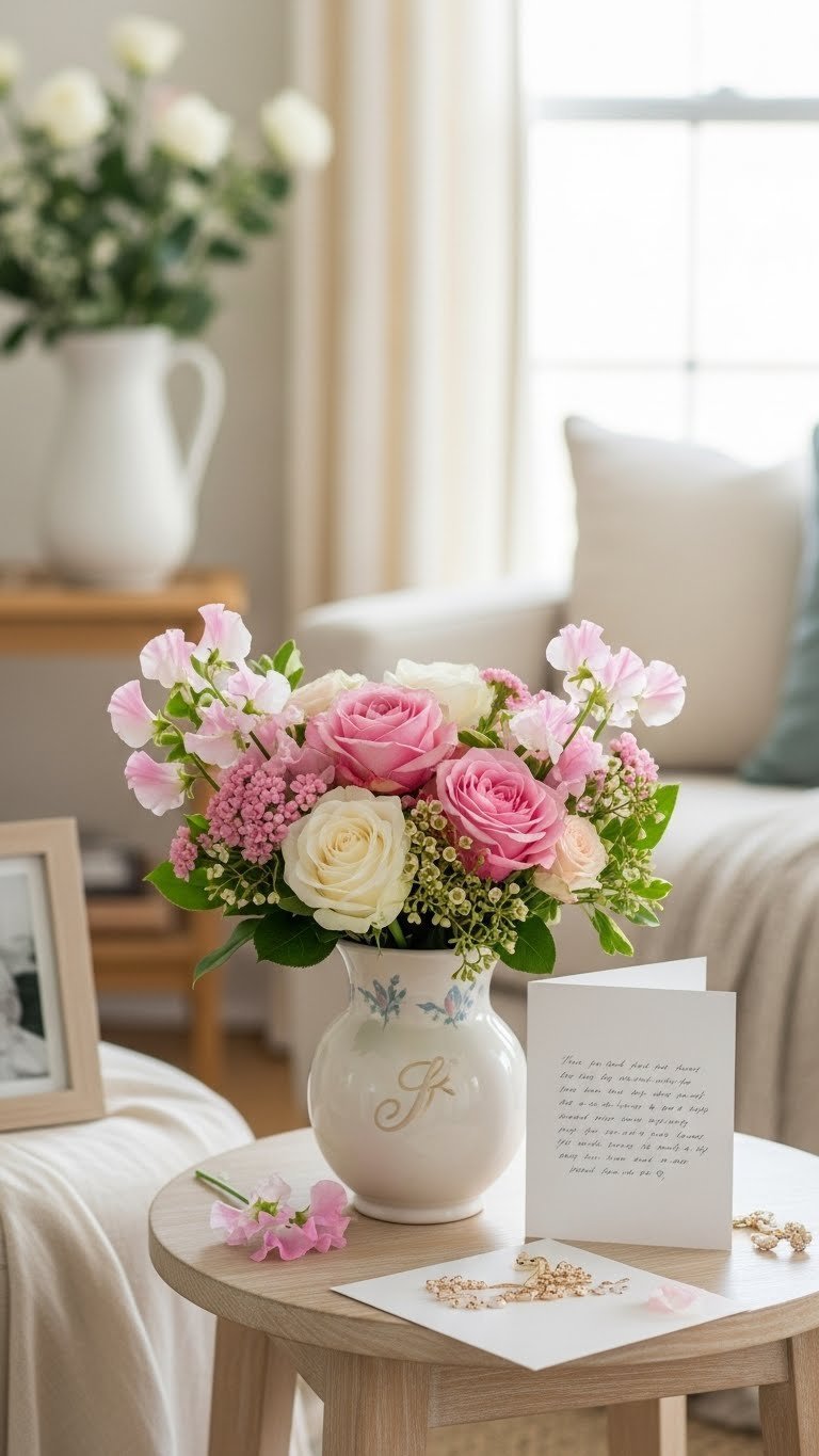 Personalized flower bouquet in hand-painted ceramic vase with handwritten card on wooden side table