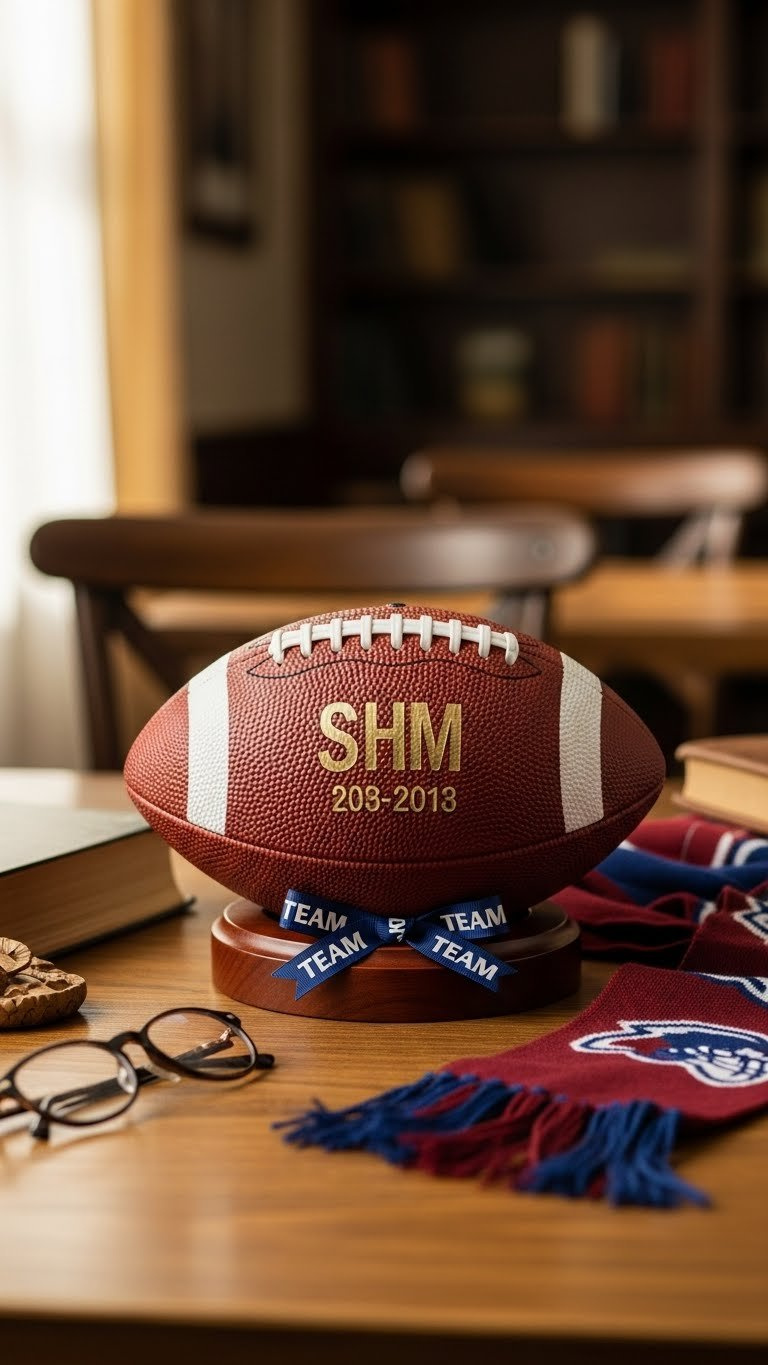 Personalized football gift with engraved message on dark wooden stand featuring team-colored ribbon in cozy library setting