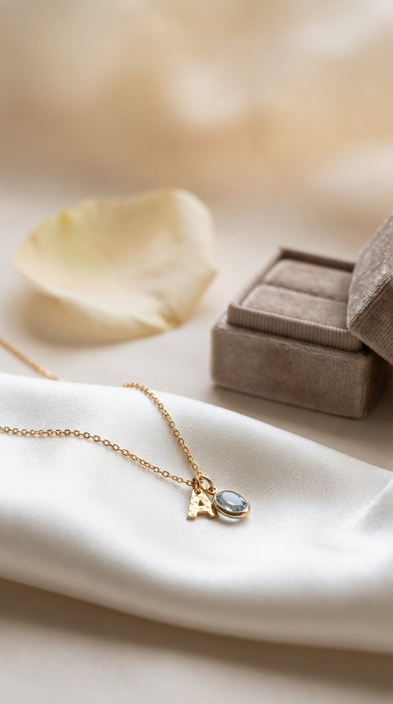 Personalized gold necklace with engraved initial resting on white silk scarf with soft natural lighting.
