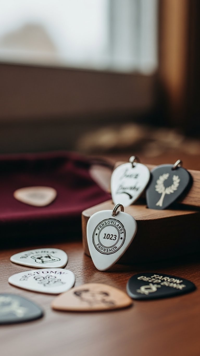 Personalized guitar picks with custom engraved designs arranged on dark wood surface with velvet pouch in soft natural light.