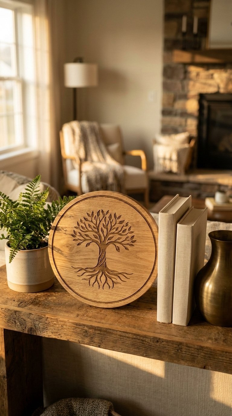 Personalized home decor piece like engraved clock displayed on natural wooden shelf