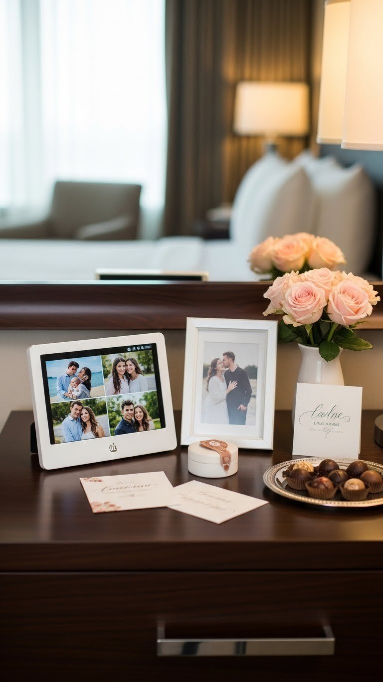 Personalized hotel nightstand with digital photo frame displaying couple photos and framed print alongside fresh roses