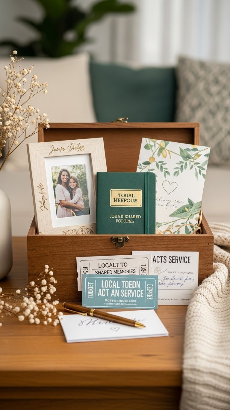 Personalized keepsake hamper with engraved photo frame, journal, and tickets in rustic wooden box