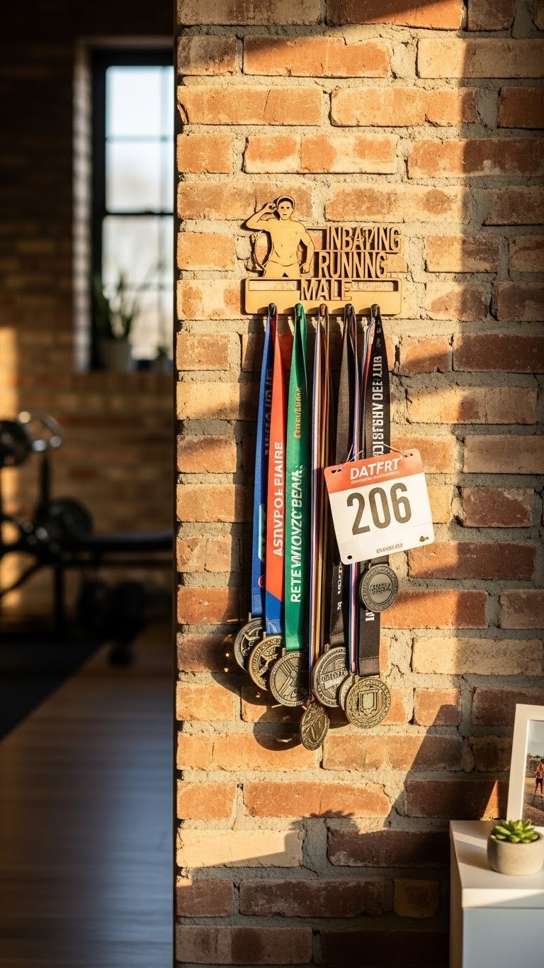 Personalized medal hanger displaying colorful running medals on textured wall with warm lighting.