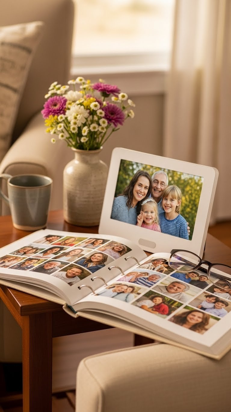 Personalized photo album displaying cherished family memories in warm living room setting