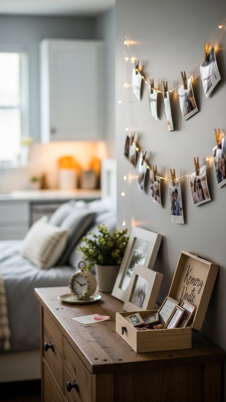 Personalized romantic wall display with fairy lights, framed photos, and memory box filled with keepsakes