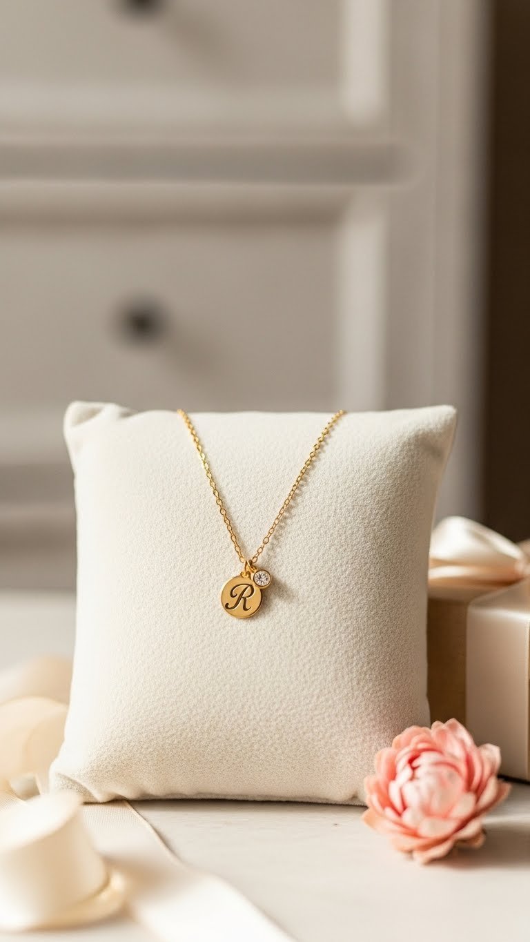 Personalized sister jewelry featuring a dainty gold necklace with engraved initial pendant and birthstone charm resting on soft velvet cushion