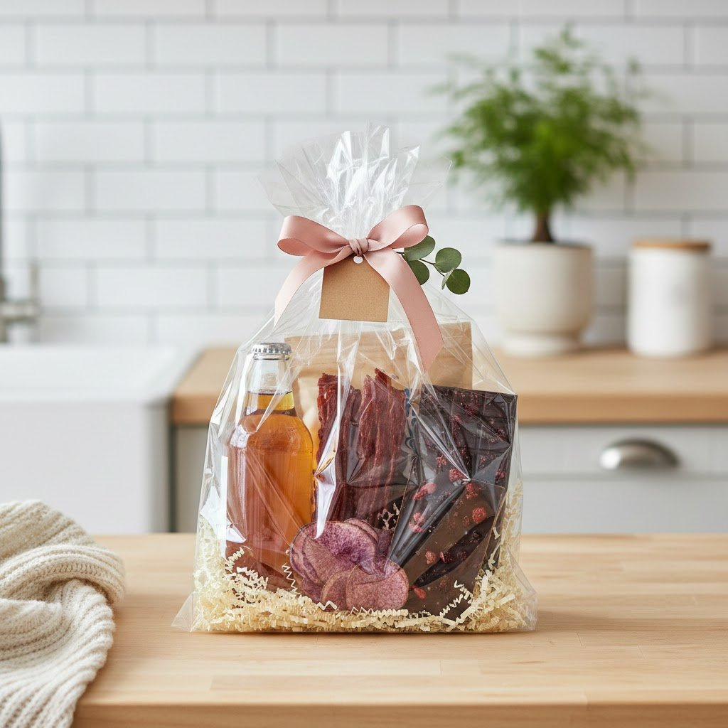 Personalized snack and drink gift kit featuring artisanal jerky, craft soda, and gourmet chocolates wrapped in clear cellophane with crinkle paper.