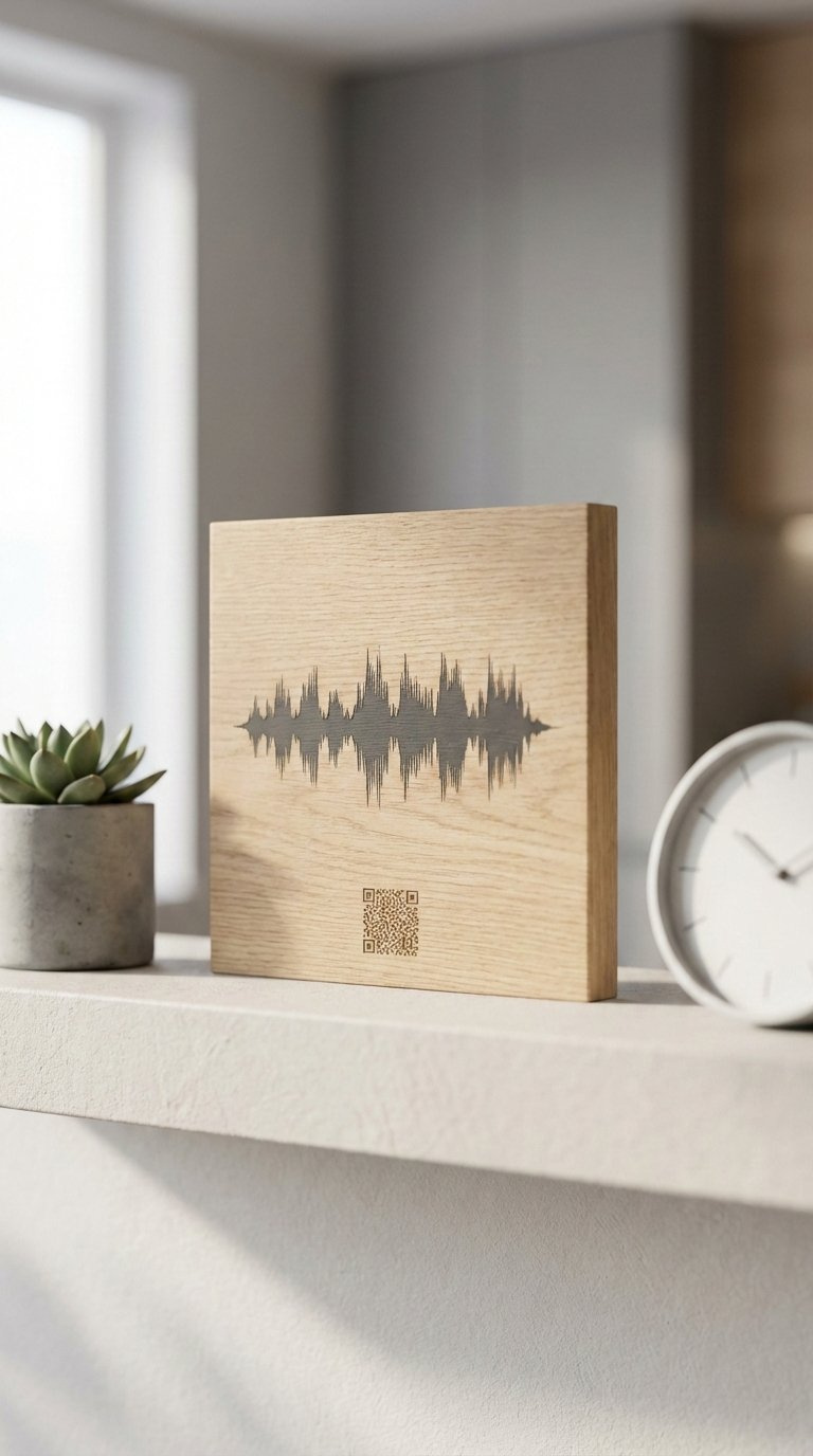 Personalized soundwave art print in modern frame showcasing unique audio message visualization on textured wall