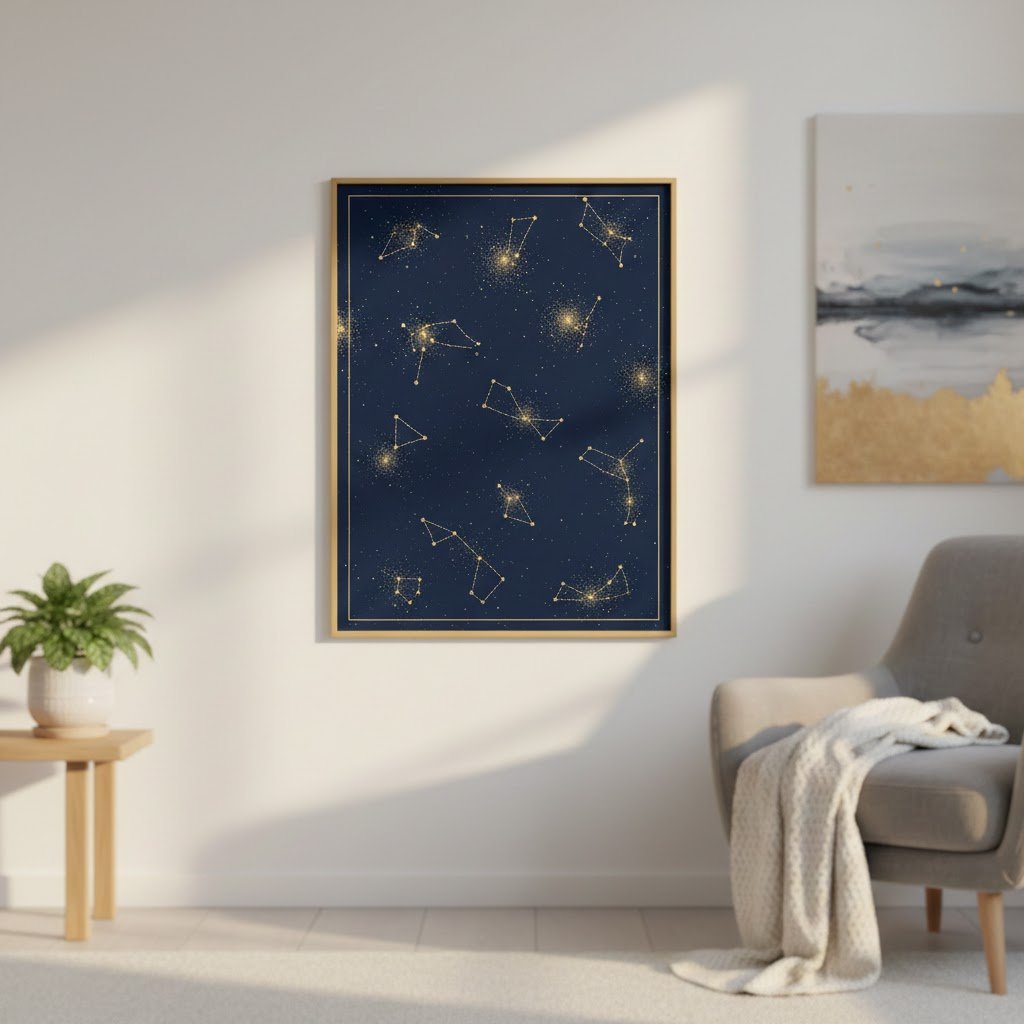 Personalized star map with intricate constellations displayed on modern minimalist wall in warm ambient lighting