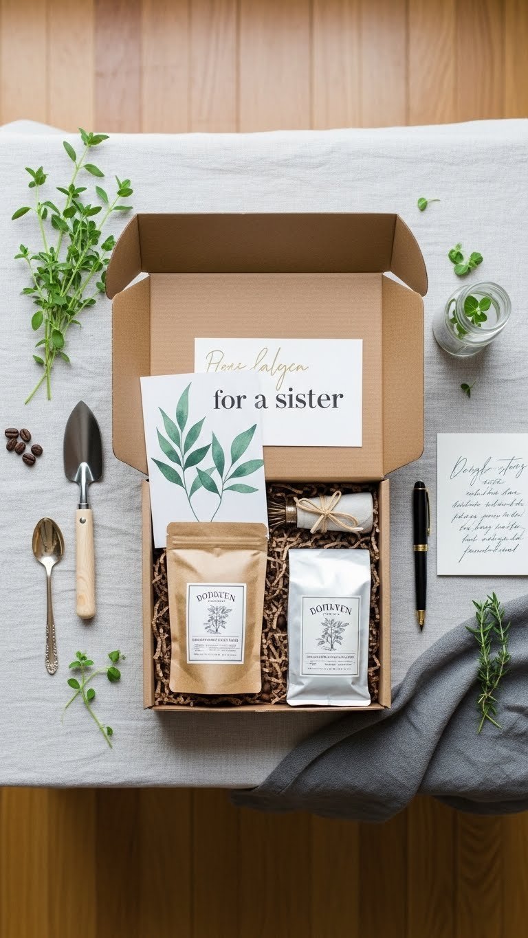 Personalized subscription box tailored for sister featuring hobby-specific items with handwritten card peeking out