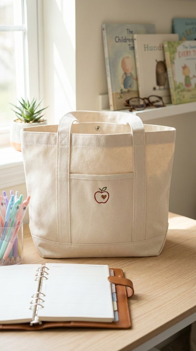 Personalized teacher gift featuring canvas tote bag, insulated tumbler and sleek planner on light wooden desk with natural light