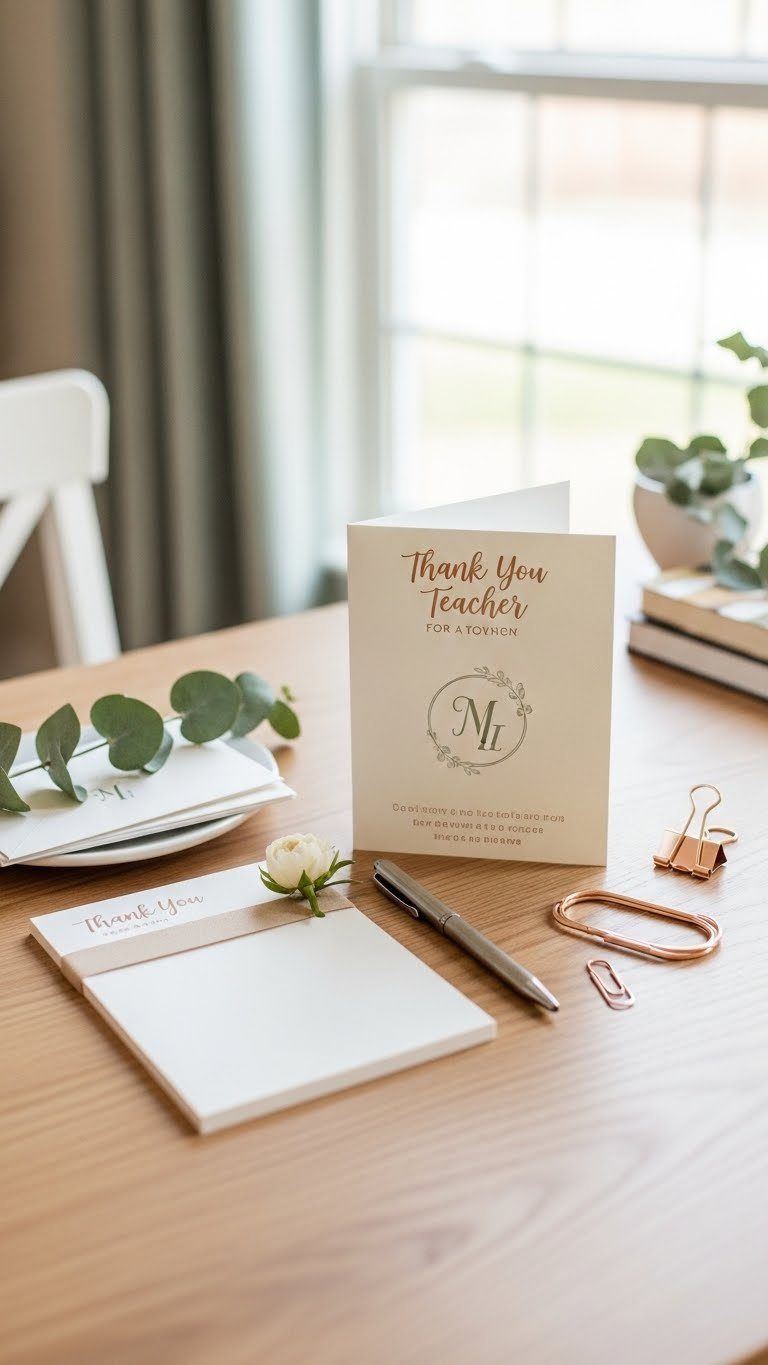 Personalized teacher stationery set featuring custom-embossed notepad, high-quality pen, and elegant floral accent arranged in clean top-down flat lay.