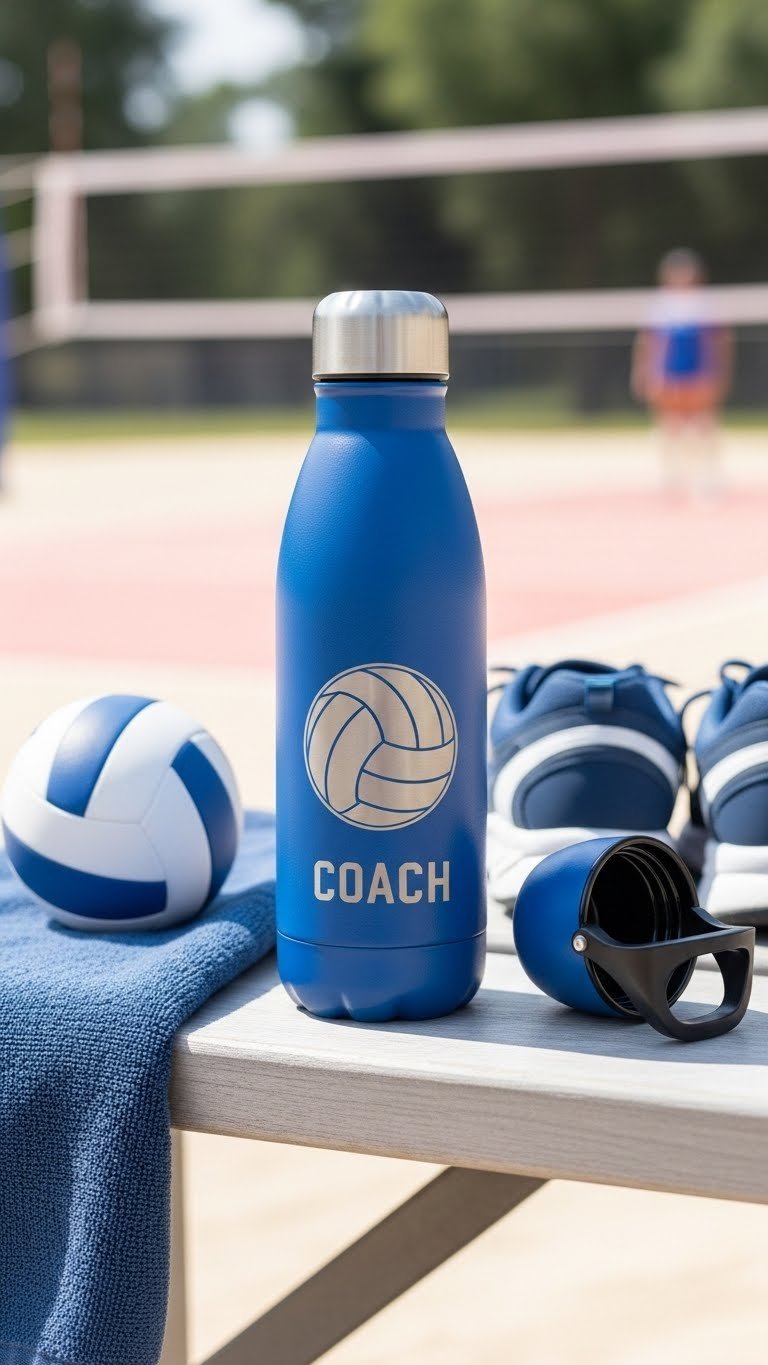 Personalized volleyball coach stainless steel water bottle with engraved design displayed on wooden bench with soft volleyball court background