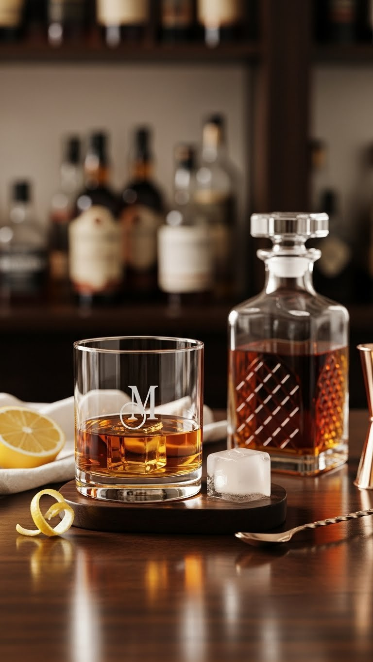 Personalized whiskey tumbler with initial etching on dark wooden bar surface
