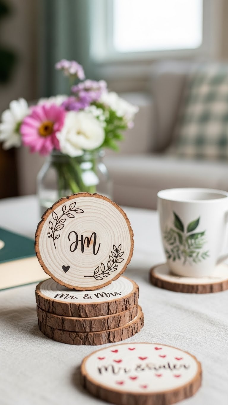 Personalized wood slice coasters with engraved initials and heart patterns stacked on light linen tablecloth