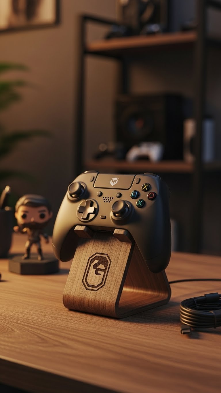 Personalized wooden controller stand holding modern wireless gaming controller on rustic desktop