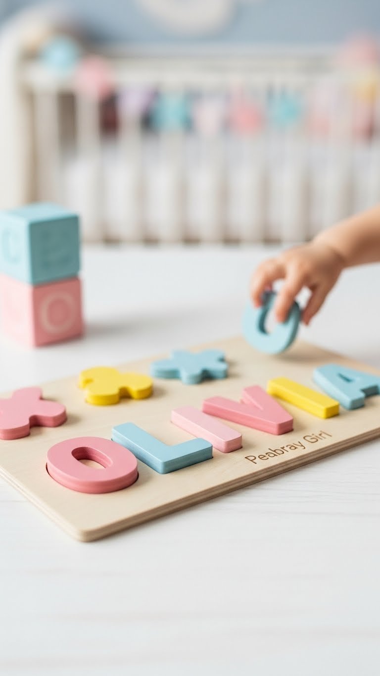 Personalized wooden name puzzle with vibrant letters on white surface for early learning and cognitive development