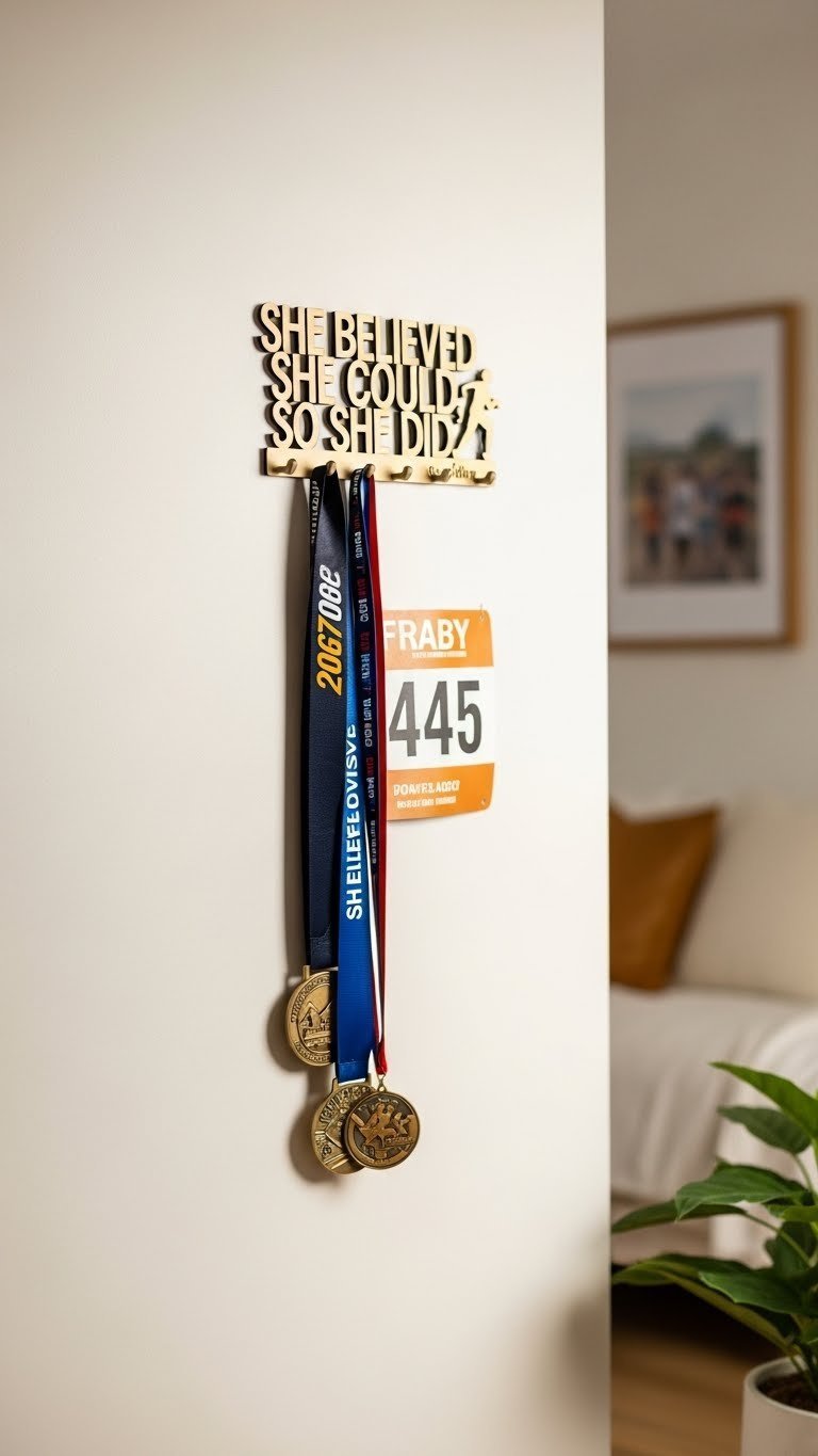 Personalized wooden race medal hanger with running medals and race bib on light-colored wall in cozy living space