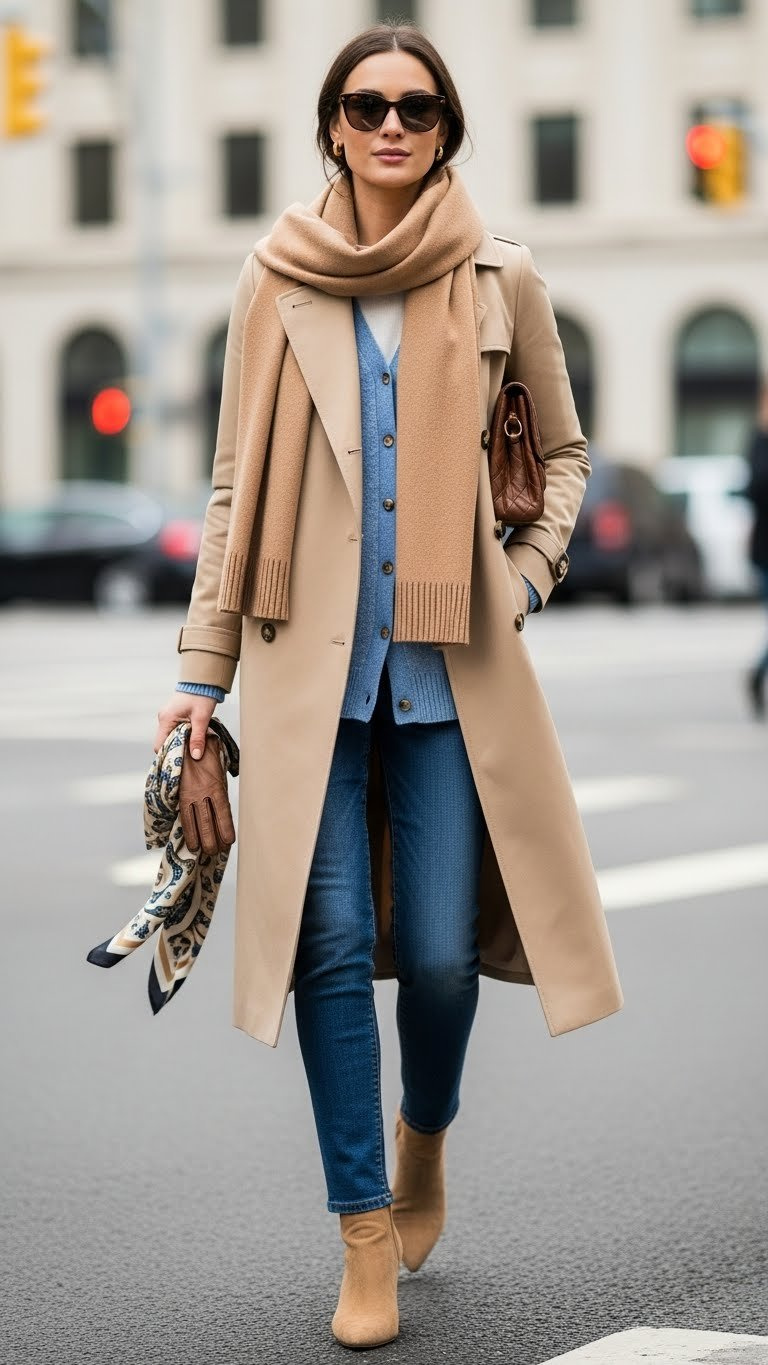 Petite woman in classic layered trench coat over cardigan and scarf. Beige, camel, blue winter fashion on city street.