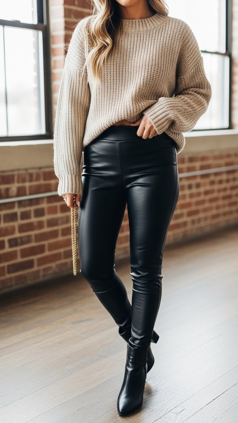 Petite woman in cozy chunky knit sweater and edgy faux leather pants. Warm cream, black winter outfit with ankle boots.