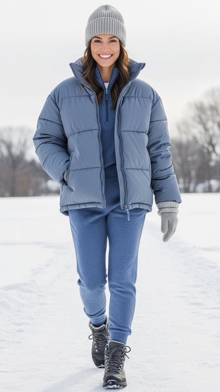 Petite woman in cropped puffer jacket, thermal pants, hiking boots, beanie. Practical, non-bulky winter outfit in snowy park.