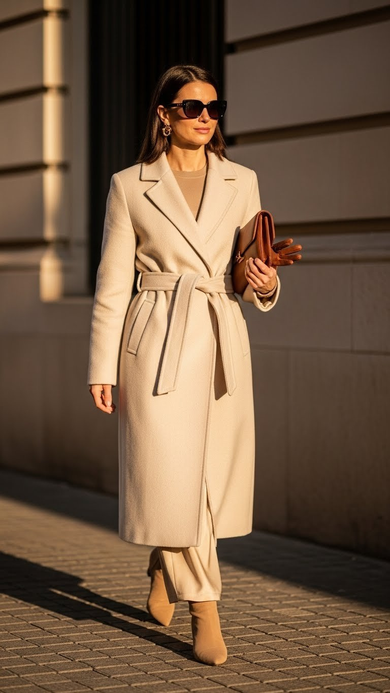 Petite woman in elegant belted wool midi coat, styled with leather clutch and gloves. Warm cream, golden brown winter fashion.