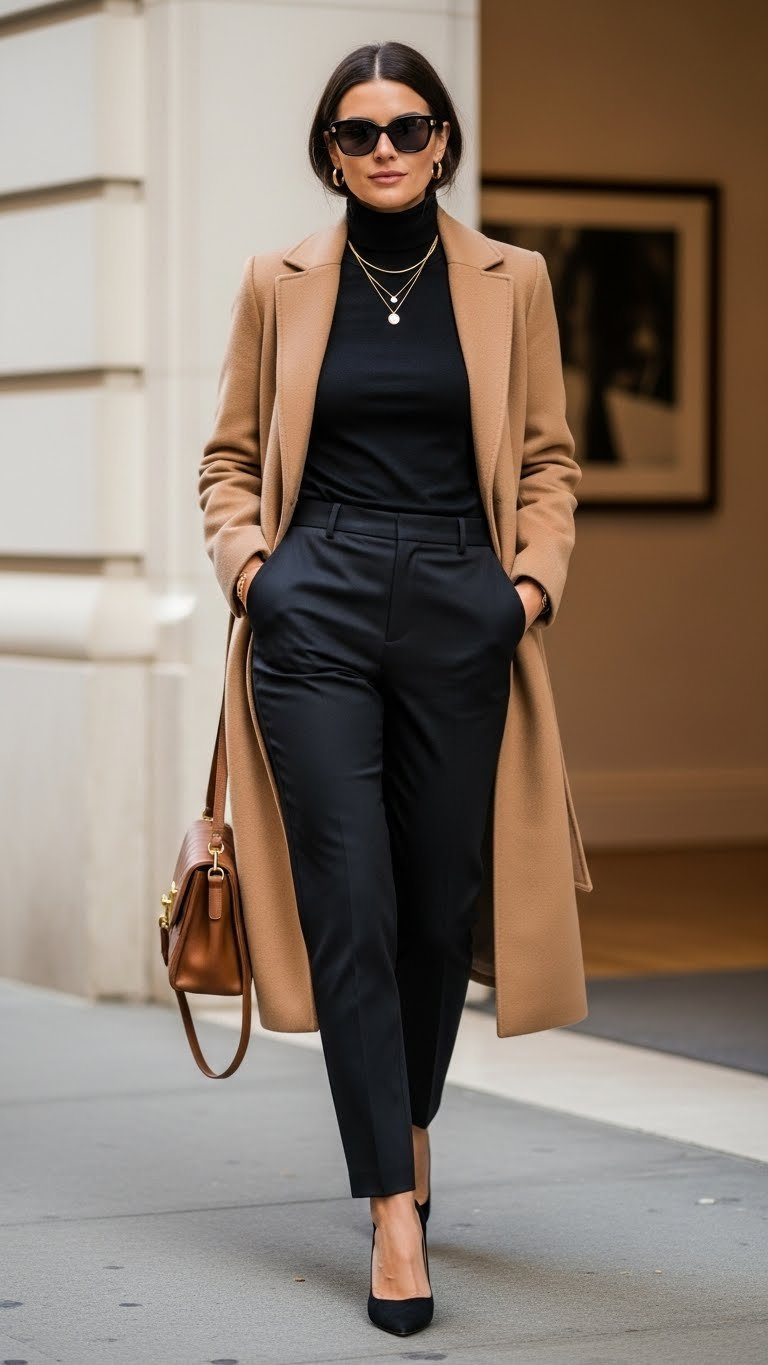 Petite woman in elegant cream monochrome winter outfit: tailored trousers, slim turtleneck, long open coat, leather bag, gold jewelry.