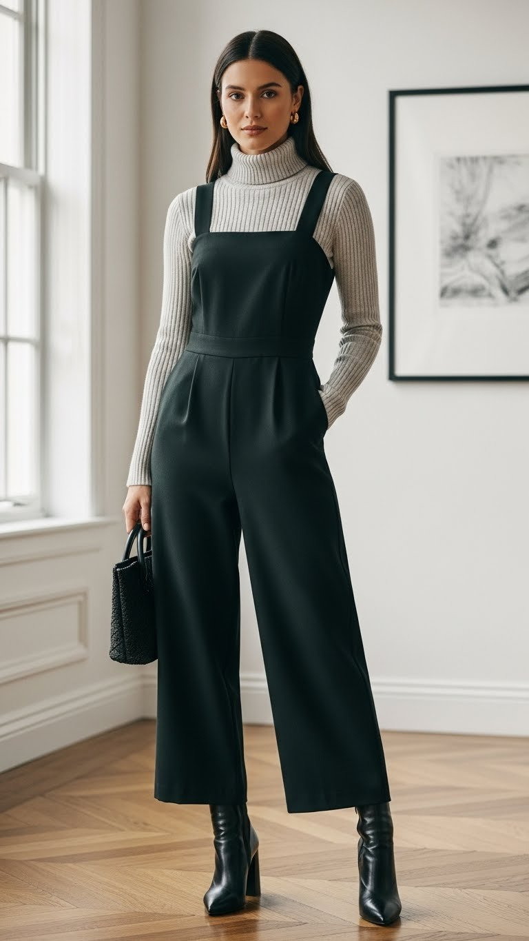 Petite woman in elegant tailored jumpsuit layered over a turtleneck. Sophisticated winter outfit in forest green, white, gray.