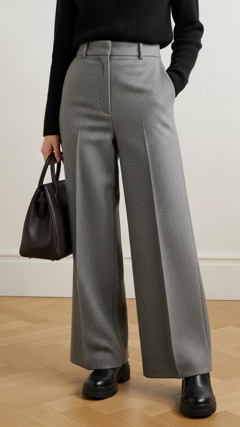 Petite woman in modern high-waisted wide-leg wool trousers and sleek sweater. Elongating winter fashion in cream tones.