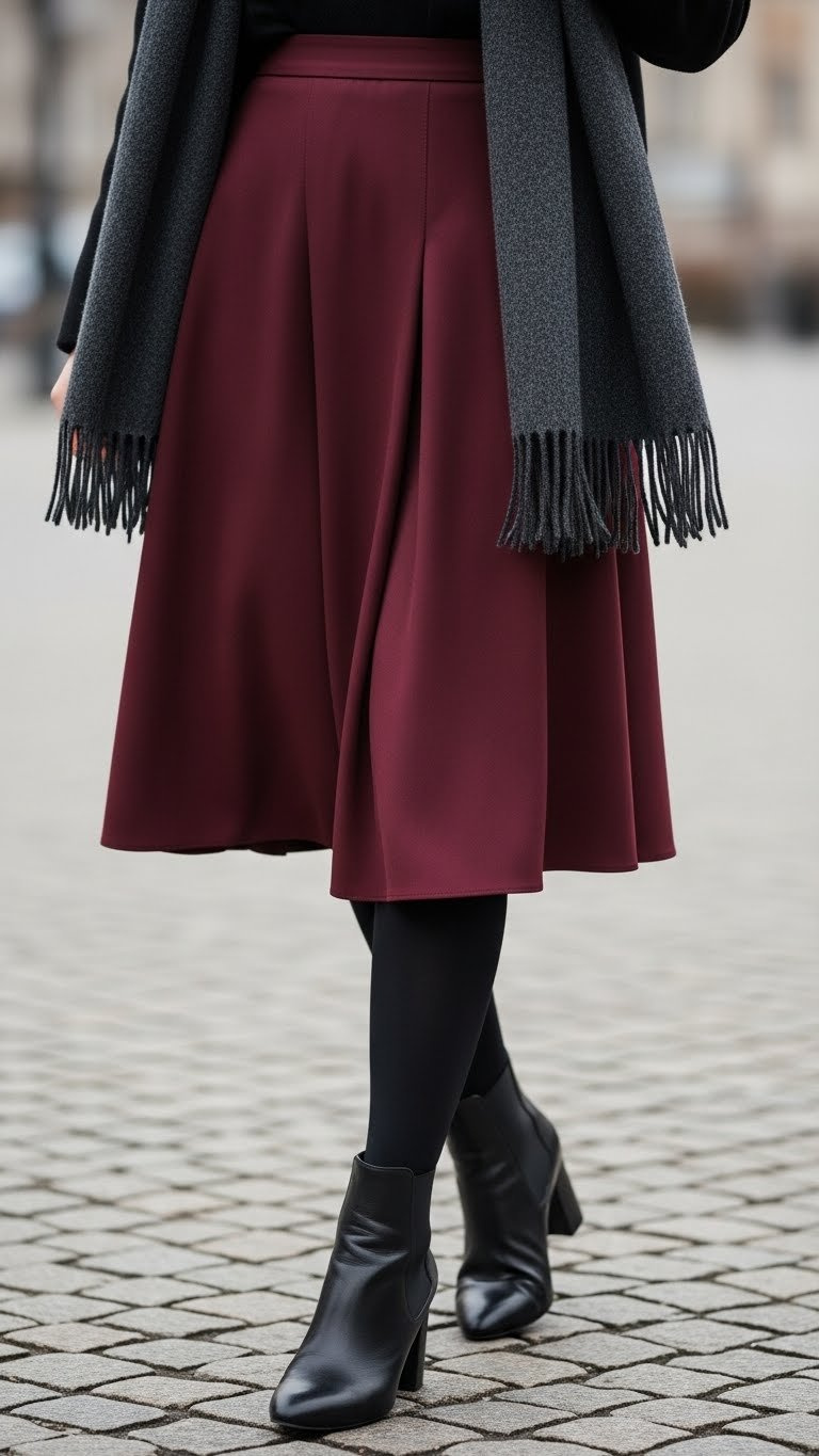 Petite woman in sophisticated midi skirt, black tights, and ankle boots. Burgundy, charcoal winter outfit on cobblestone street.
