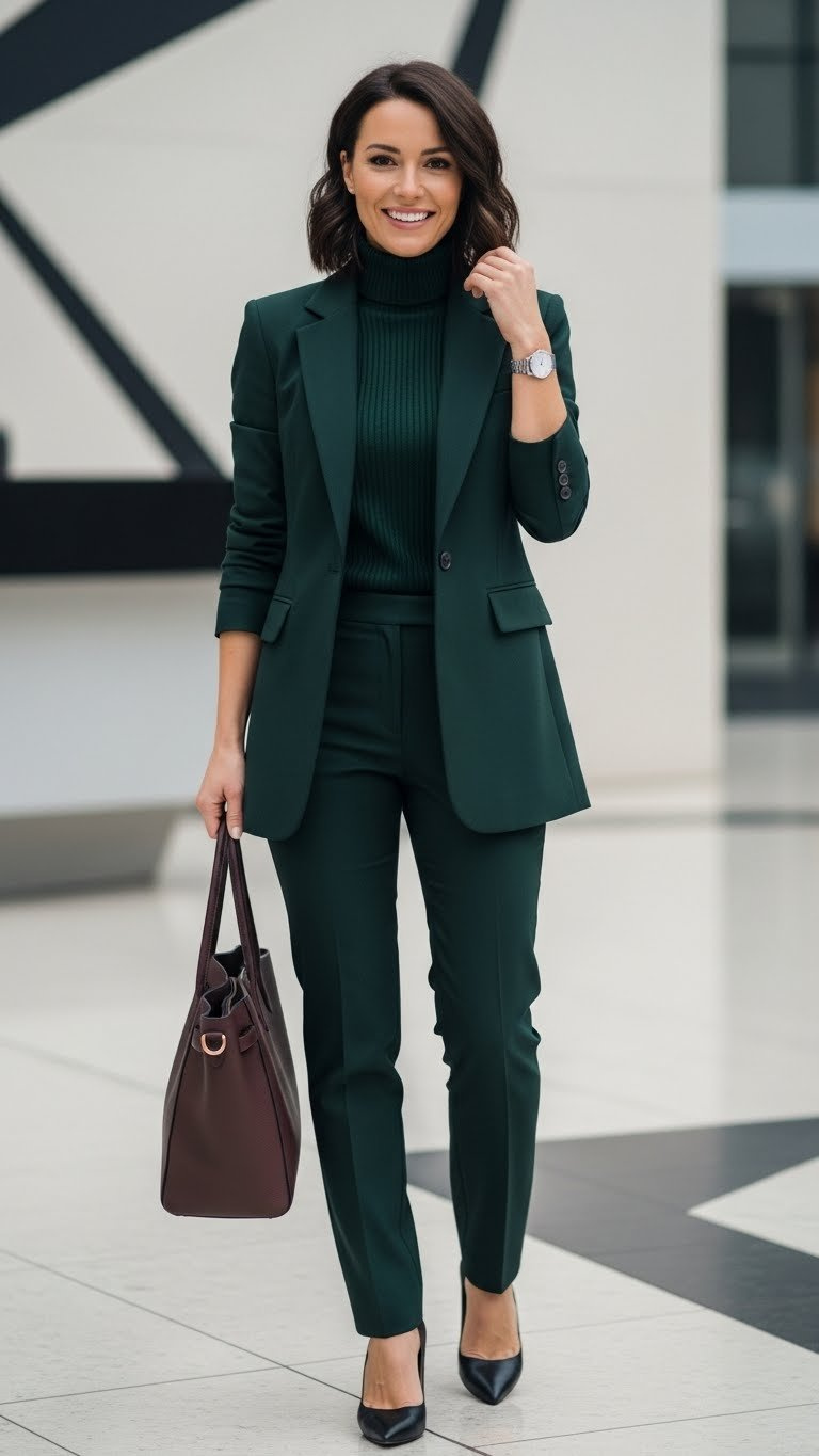 Petite woman in sophisticated tailored forest green suiting, blazer and trousers. Modern work outfit with leather tote.