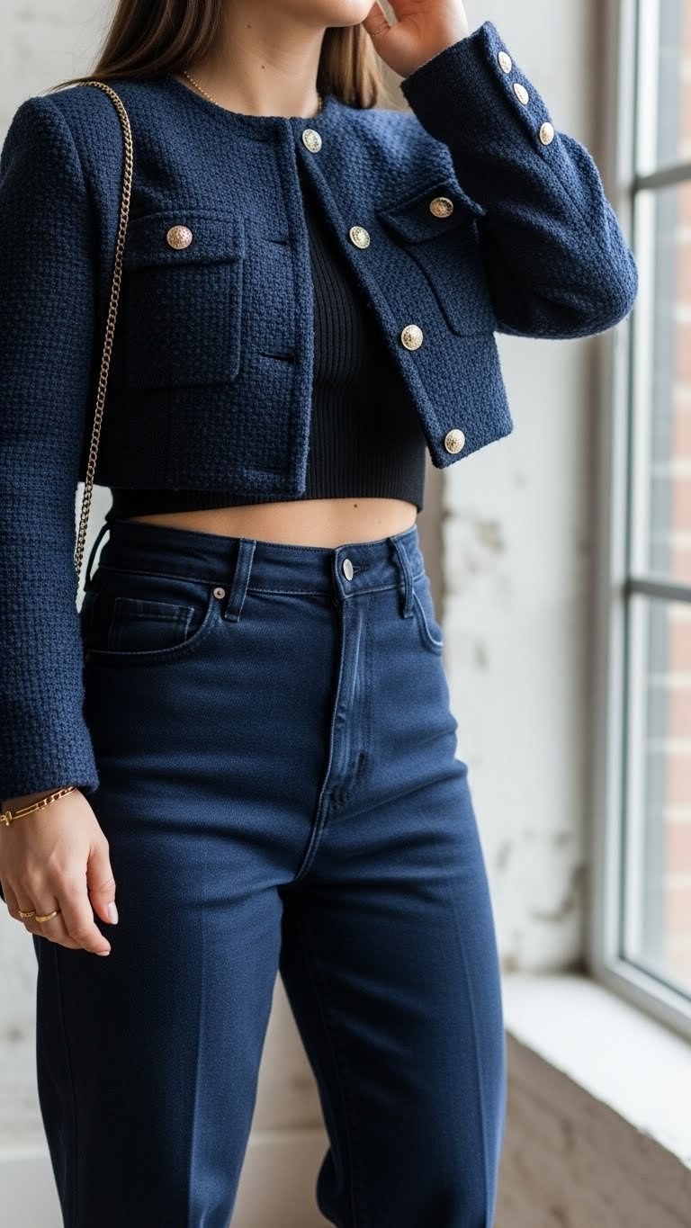 Petite woman in trendy cropped tweed jacket over high-waisted dark denim. Focus on waistline, navy, white, gray tones.