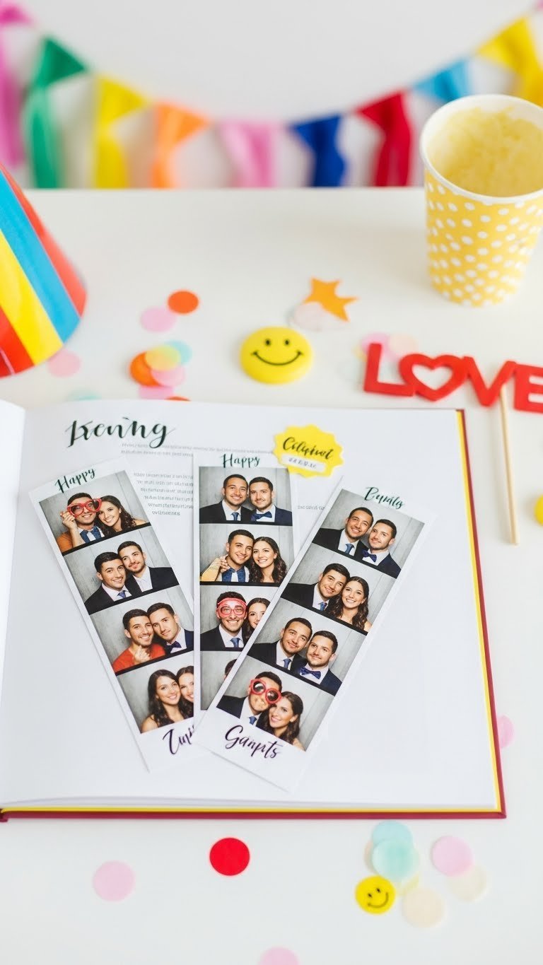 Photo booth strip memory album with playful couple photos arranged creatively on light surface