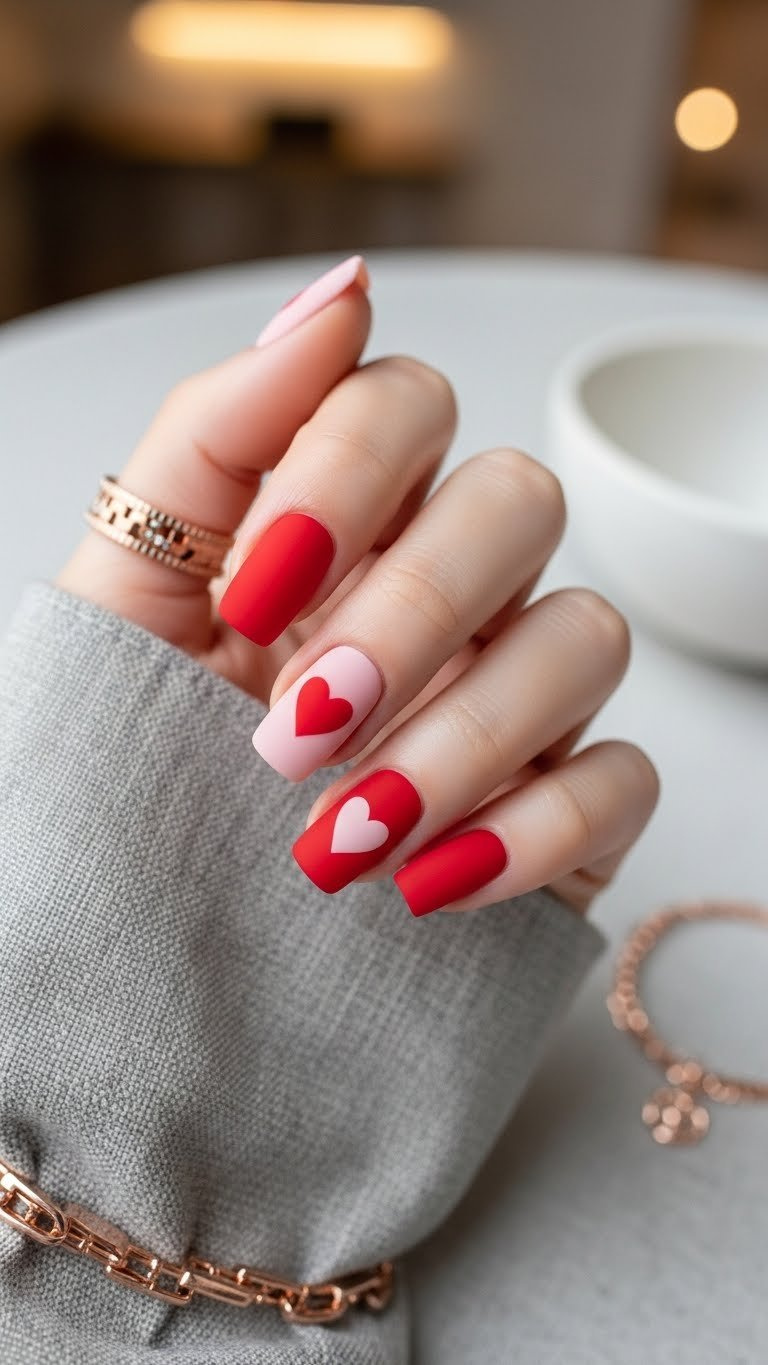 Pink and red matte nails with alternating colors and contrasting heart accents on neutral fabric backdrop