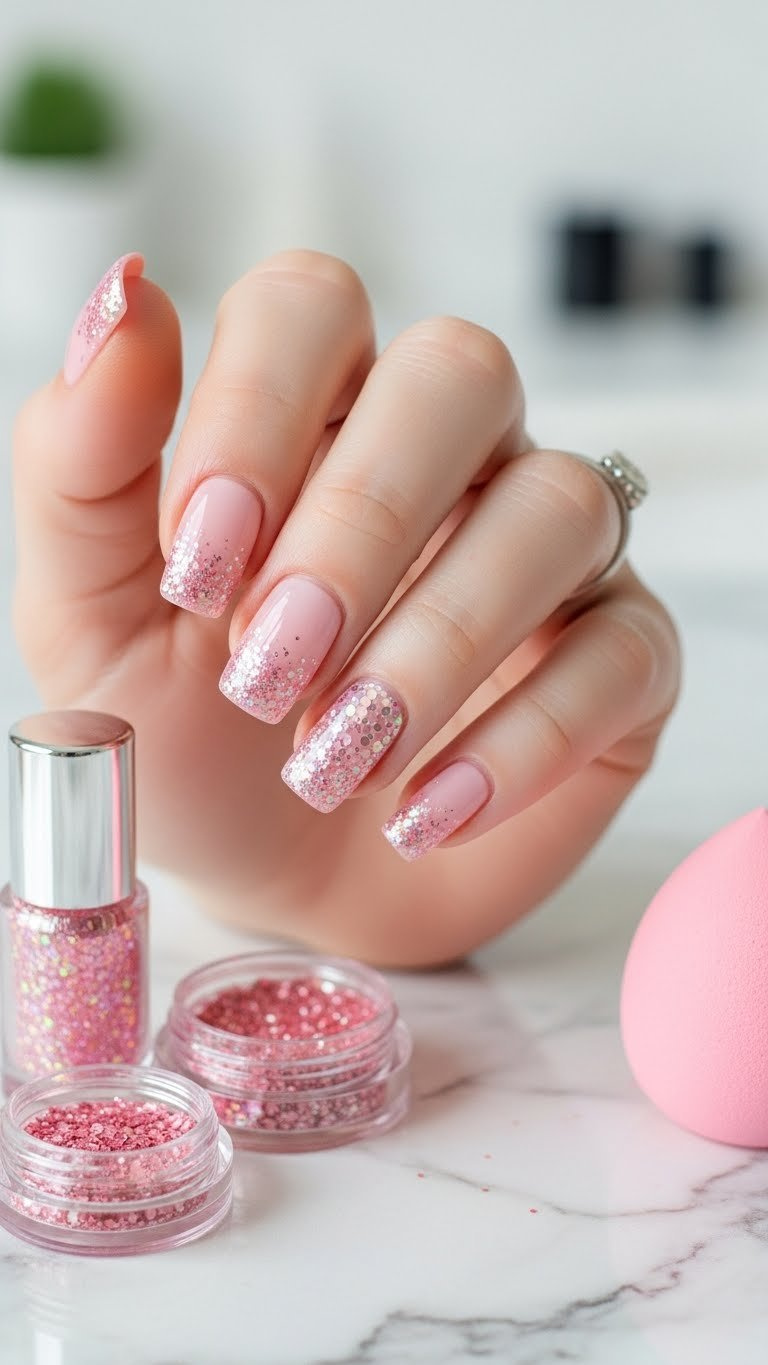 Pink glitter ombré nails with holographic sparkle showcased at 45-degree angle with makeup sponge and blush glitter pot props