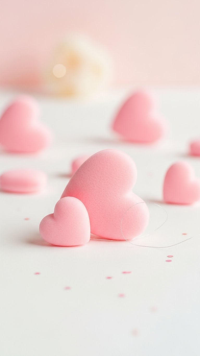 Pink pastel heart wallpaper featuring soft velvety hearts in varying sizes against a cream gradient background with dreamy romantic aesthetic