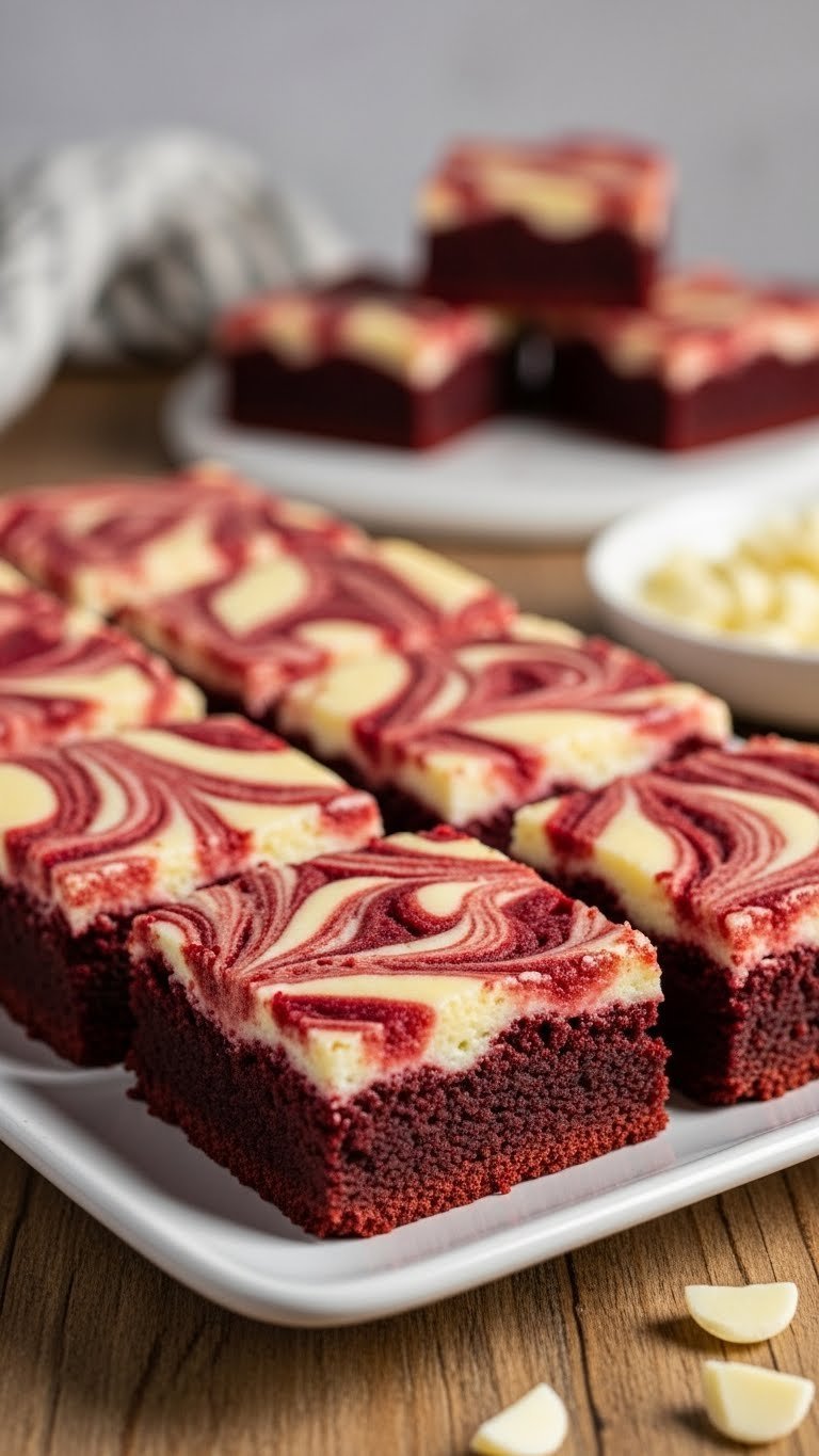 Platter of freshly baked red velvet brownies with cream cheese swirls on white ceramic plate against rustic wooden background.