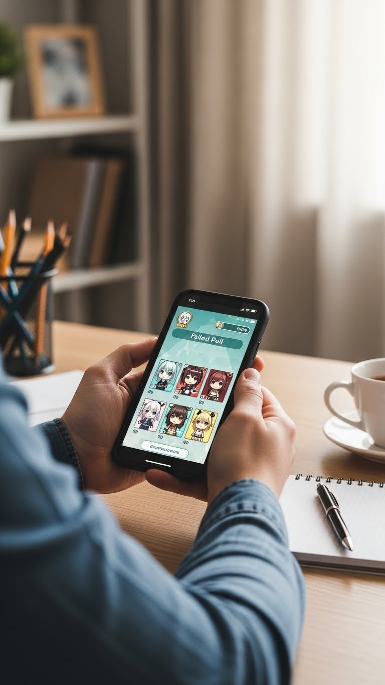 Player's hands holding smartphone showing failed gacha pull with strategy notes on wooden desk in calm gaming environment.