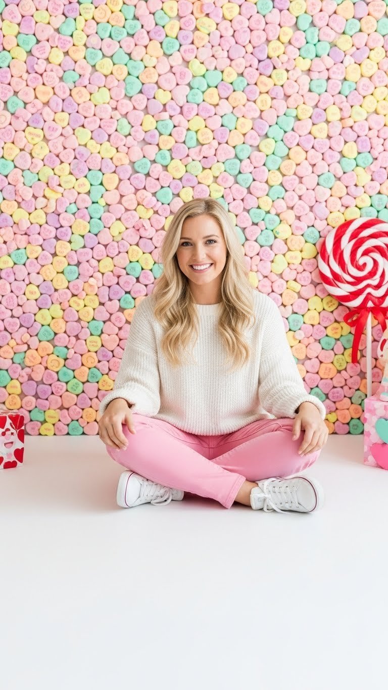 Playful Valentine's Day candy heart wall backdrop covered with colorful conversation hearts in vibrant pattern
