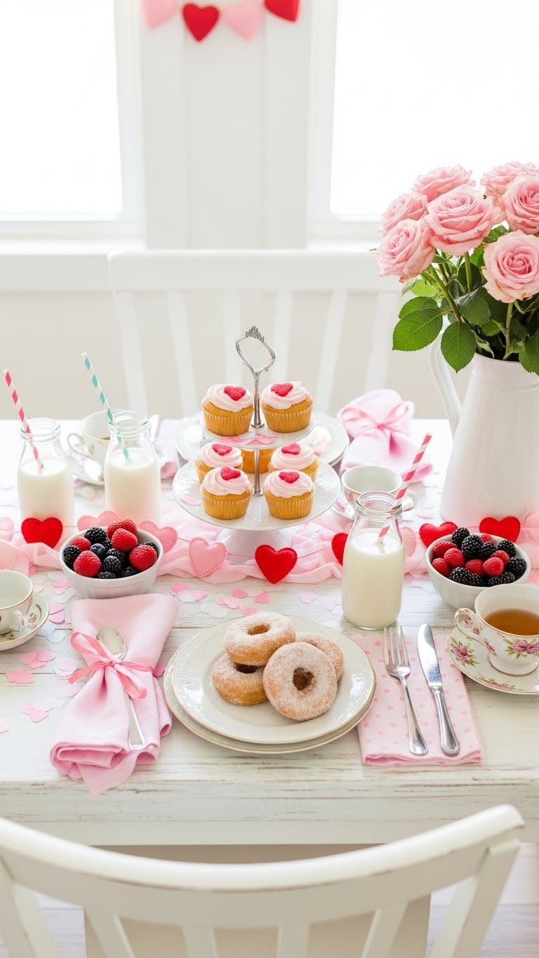 Playful Valentine's brunch table with pastel colors, heart-shaped cupcakes, and whimsical felt garlands on white table.